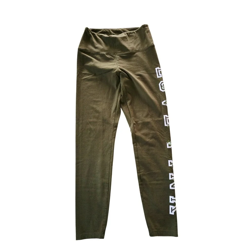PINK‎ Victoria's Secret Olive Green Floral Logo Leggings L Athleisure